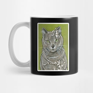 Gray Kitty With Ribbon - White Outlined Version Mug